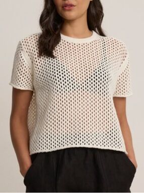 Stitch & Needle Cashmere Cream Open Knit Weave Short Sleeve Top Crochet Sz Small